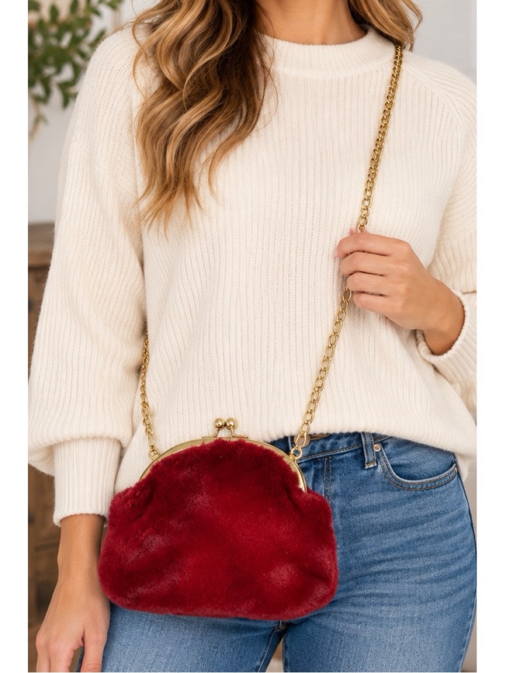 A New Day Burgundy Faux Fur Kiss-Lock Crossbody Bag